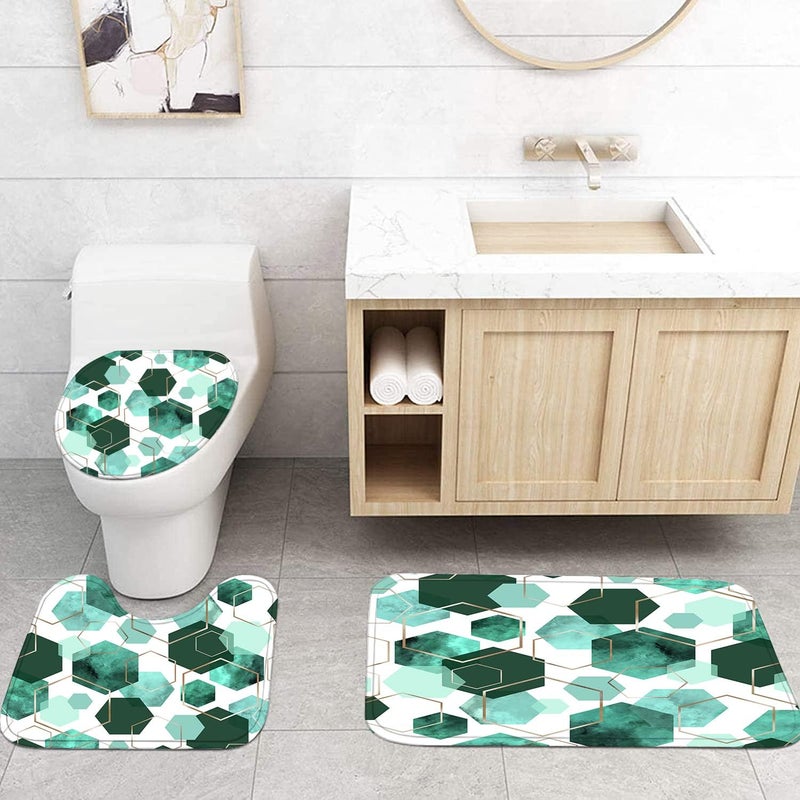 LQCOOL 4Pcs Indigo Shower Curtain Set Marble Grain Geometric Bathroom Set Fresh Turquoise Abstract Bathroom Curtain Set with 12 Hooks Carpet Bath Mat and Toilet Rugs - Image 5